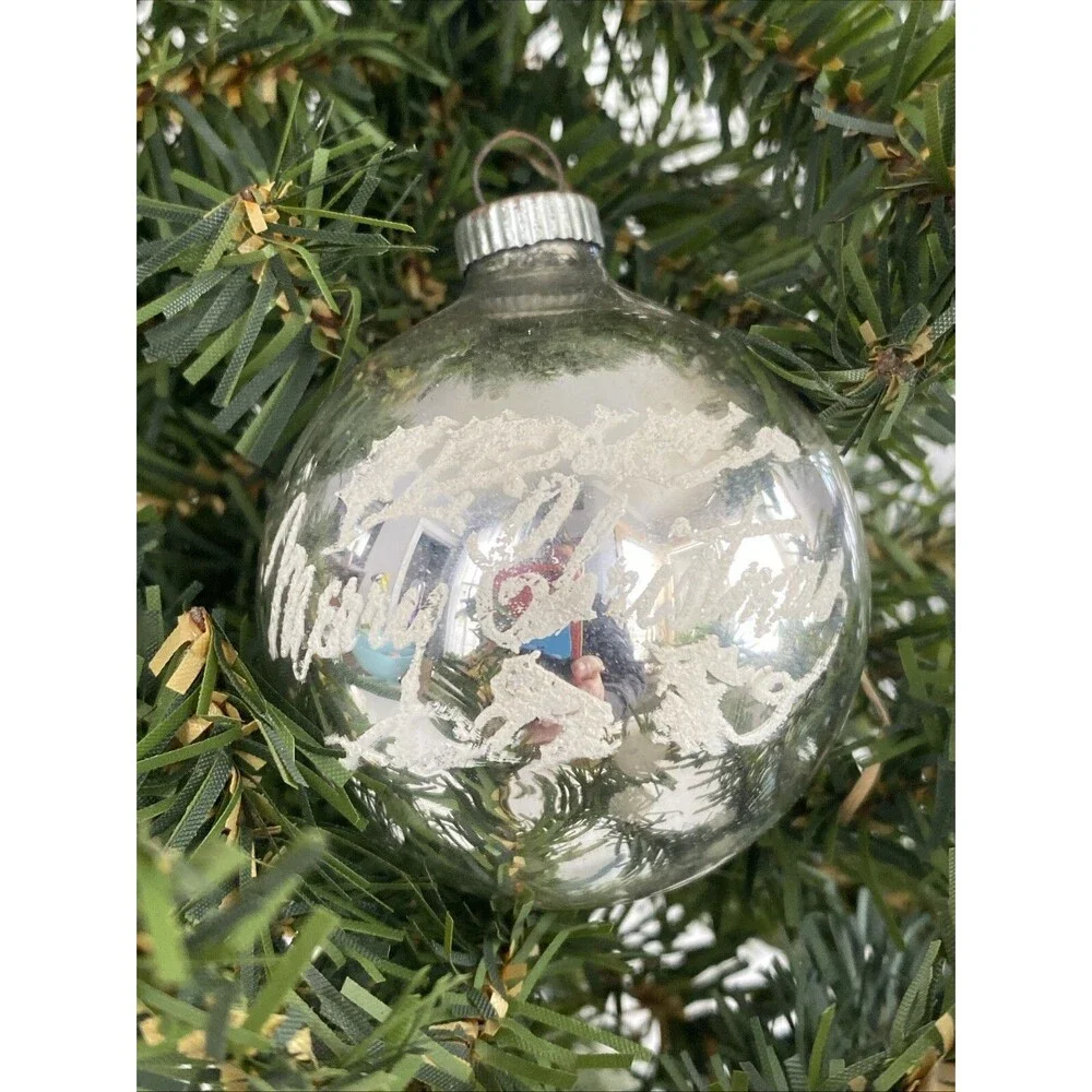 Vintage Shiny Brite Silver MERRY CHRISTMAS Mica Stenciled Ball Ornament Holiday